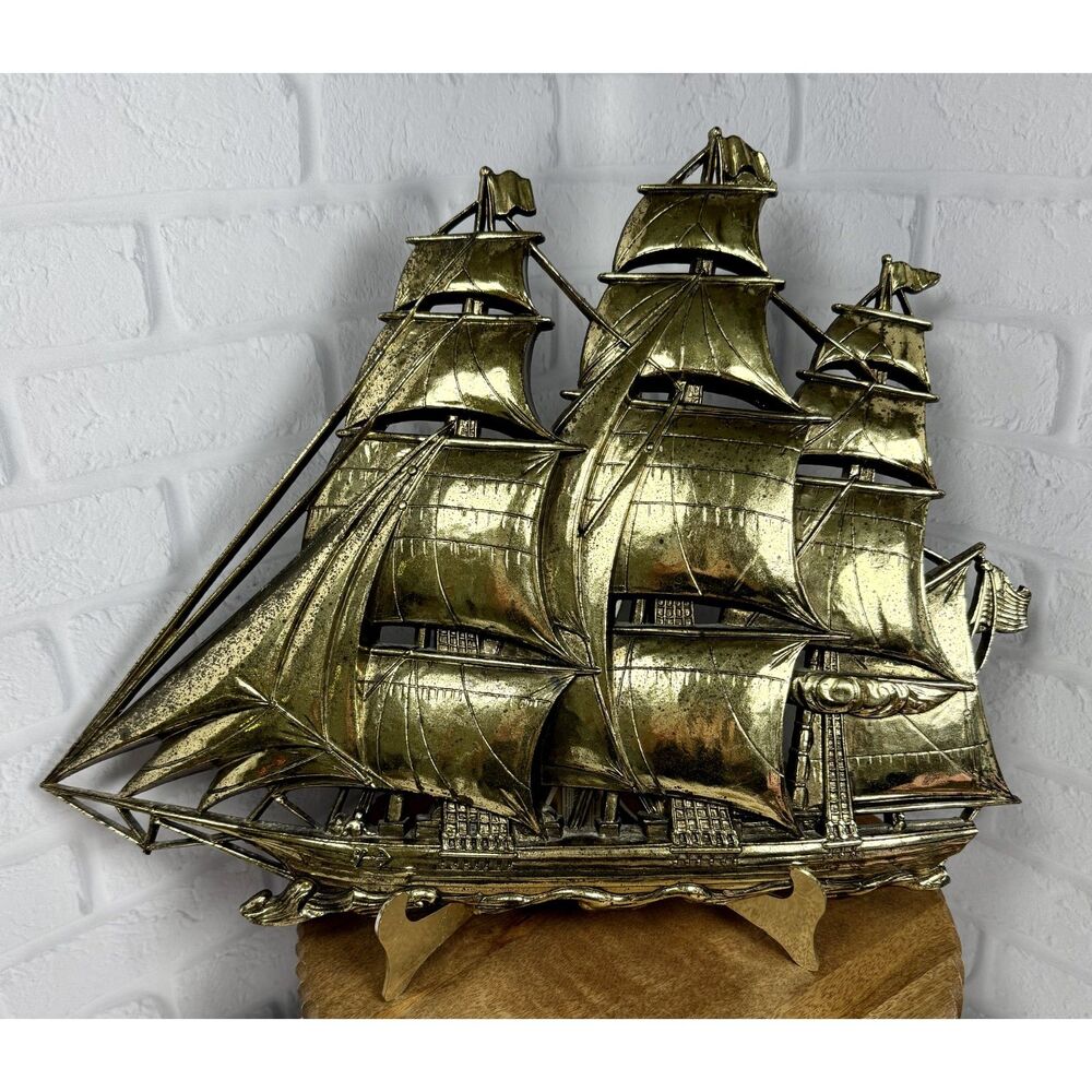 VTG MCM Gold Boat Ship Wall Art Nautical Beach House Syroco 1962 Mid Century - Picture 5 of 12